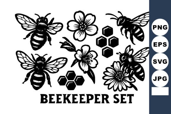 Beekeeper with Bees Flowers Honeycombs Graphics