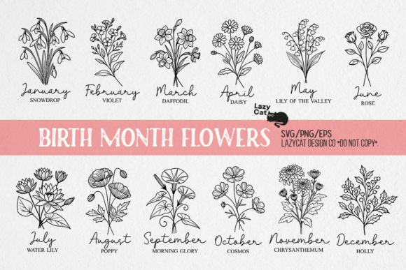 Birth Month Flowers Line Art SVG Bundle for Creative Design