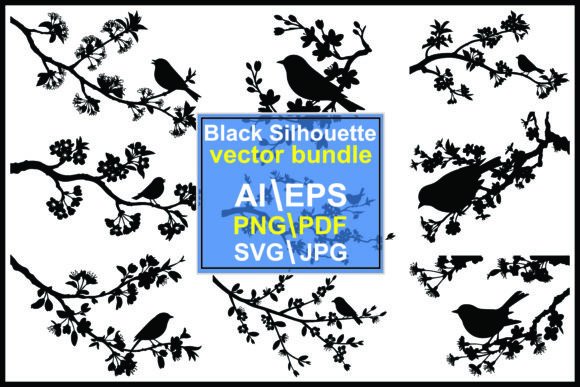 Black Silhouettes of Birds on Branches Flowers