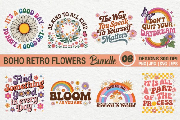 Boho Retro Flowers with Quotes Bundle for Graphics and Illustrations