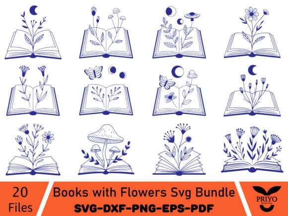 Books with Flowers Svg Bundle Graphics