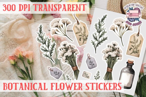 Botanical Flowers Sticker Sheet PNG for Graphics and Illustrations