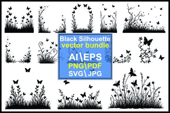 Butterflies with Flowers Silhouette Graphics