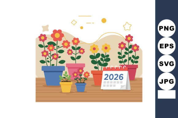Colorful Potted Flowers with 2026 Calend Graphics