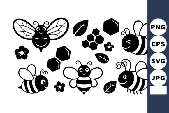 Cute Bees Honeycomb Flowers and Leaves Graphics