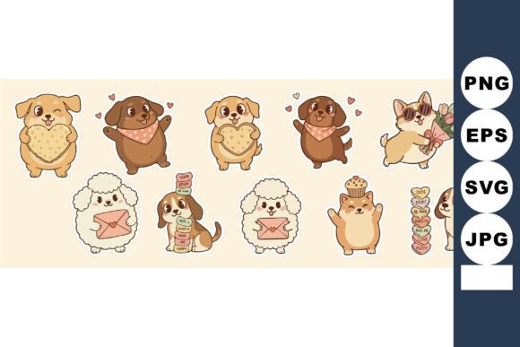 Cute Dogs with Hearts Flowers Art Graphics