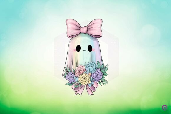 Cute Pastel Rainbow Ghost with Bow and Flowers 16 – A Playful Graphic Asset for Bloggers