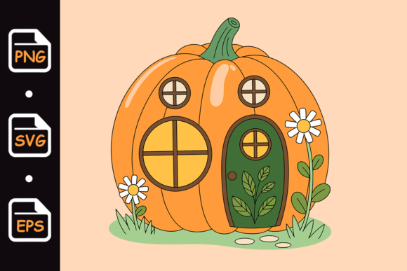 Cute Pumpkin House with Flowers Cartoon