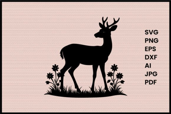 Deer Inmeadow with Flowers Silhouette Graphics
