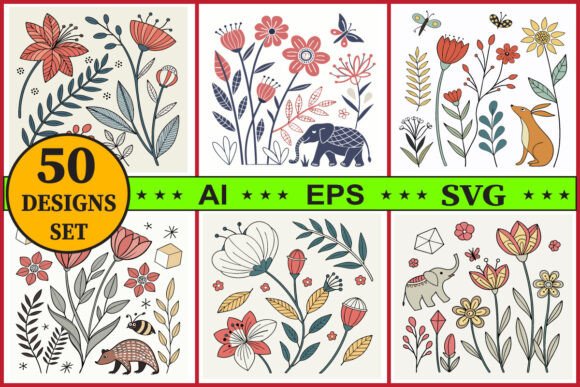 Folk Art Flowers Animal Bundle Set
