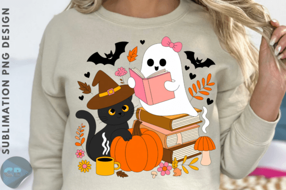Halloween Fall Ghost Read Book Flowers PNG Design