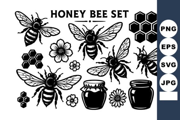 Honey Bee Set with Flowers Honey Jars Graphic Illustration