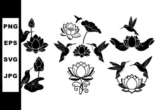 Hummingbirds and Lotus Flowers Black Sil Graphics