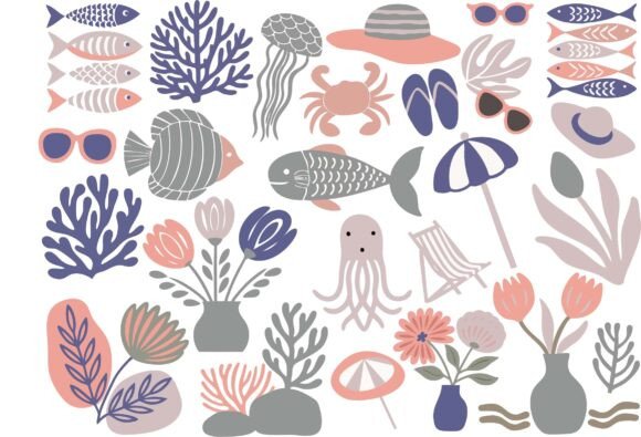 Ocean Summer Beach Coral Fish Flowers