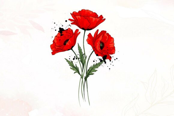Red Poppy Flowers with Leaves and Splatt Graphics