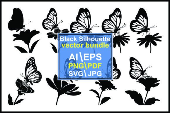Silhouette Butterflies on Flowers Nature Graphics
