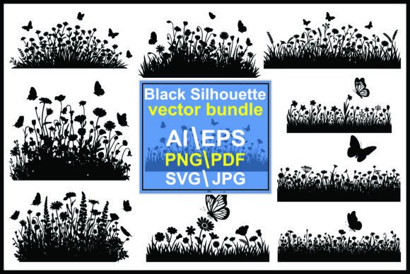 Silhouette Flowers and Butterflies Graphics