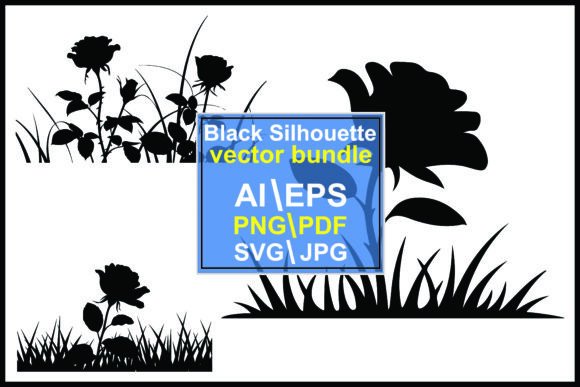 Silhouette Rose Flowers and Grass Elements Graphics