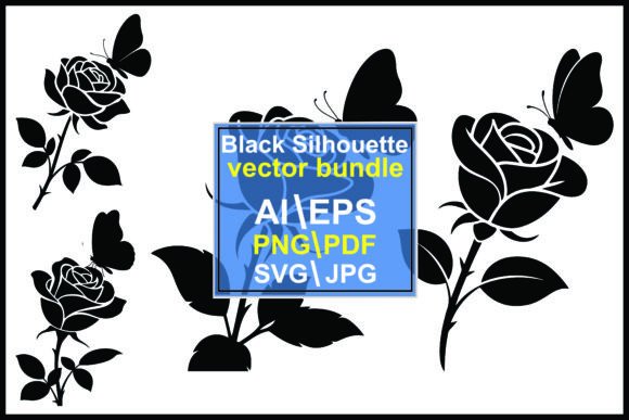 Silhouette Roses with Butterflies Bundle Graphics