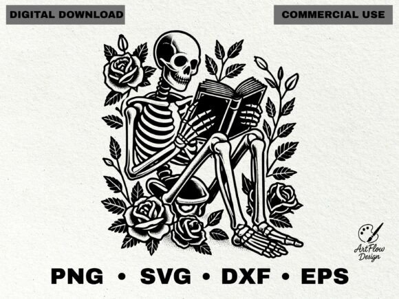 Skeleton Reading Book with Roses Graphics