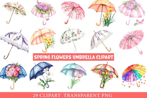Spring Flowers Umbrella Clipart Bundle for Brand Design