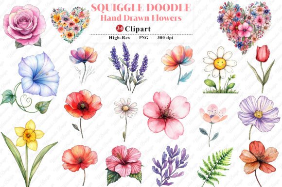 Squiggle Doodle Hand Drawn Flowers Graphics