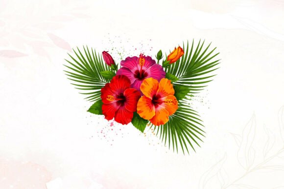 Tropical Hibiscus Flowers and Palm Leave Graphics