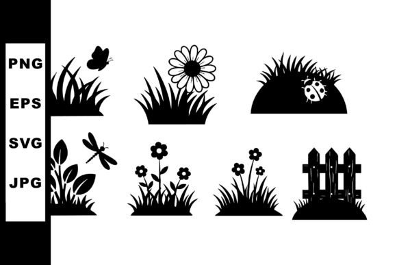 Vector Black Silhouette Grass Flowers Graphics