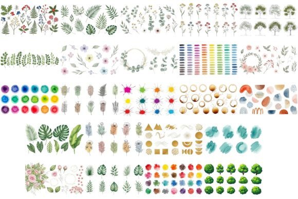 Watercolor Flowers and Leaves Bundle Eps