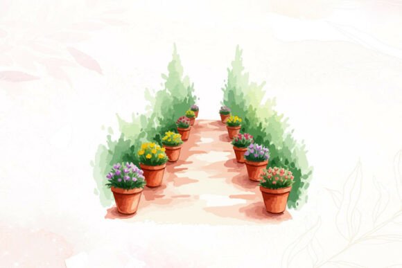 Watercolor Garden Path Potted Flowers Graphics