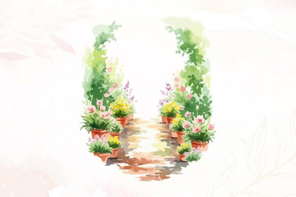 Watercolor Lush Garden Path Flowers Graphics