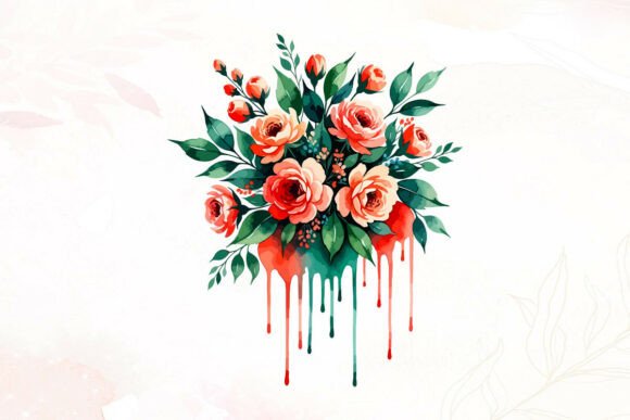 Watercolor Pink Roses Drips Graphics for Creative Projects