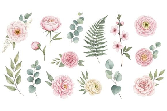 Watercolor Roses and Eucalyptus Art Graphics