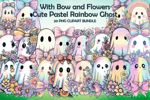 With Bow and Flowers Cute Pastel Rainbow Ghost Bundle